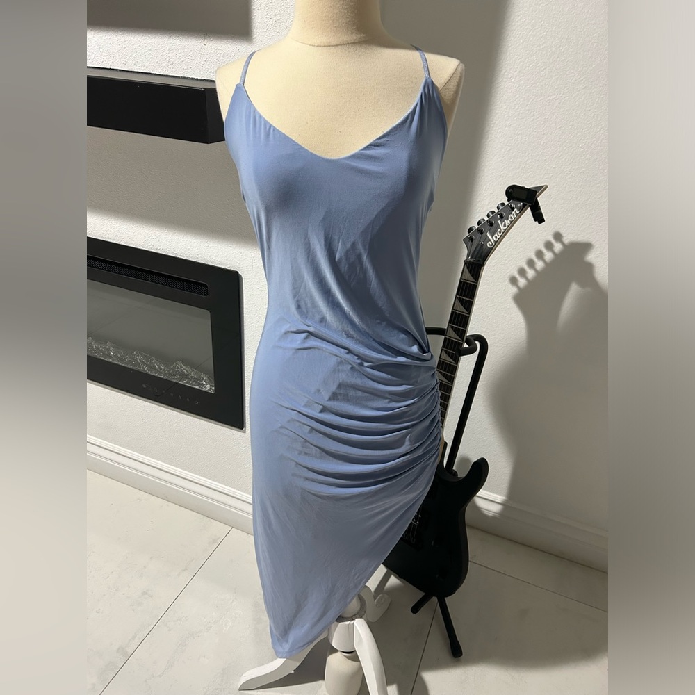 Windsor Blue Asymmetrical Ruched Midi Dress